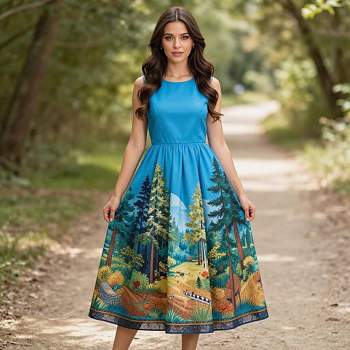 Photograph of a young woman with long dark hair, wearing a vibrant blue sleeveless dress with forest-themed print, standing on a sunlit forest path
