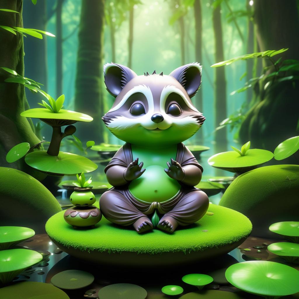 Serene Raccoon Buddha in Enchanted Swamp