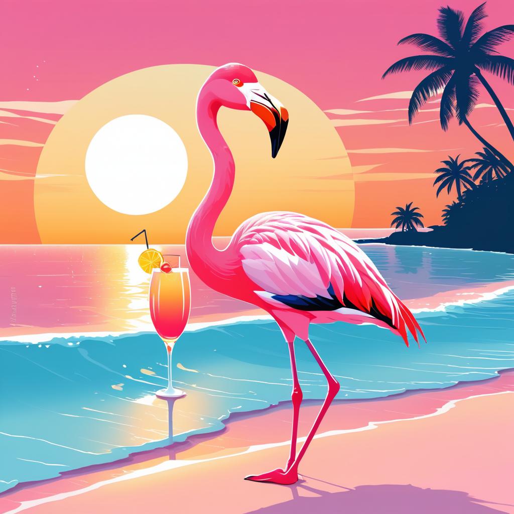 Flamingo Relaxing with Cocktail at Sunset