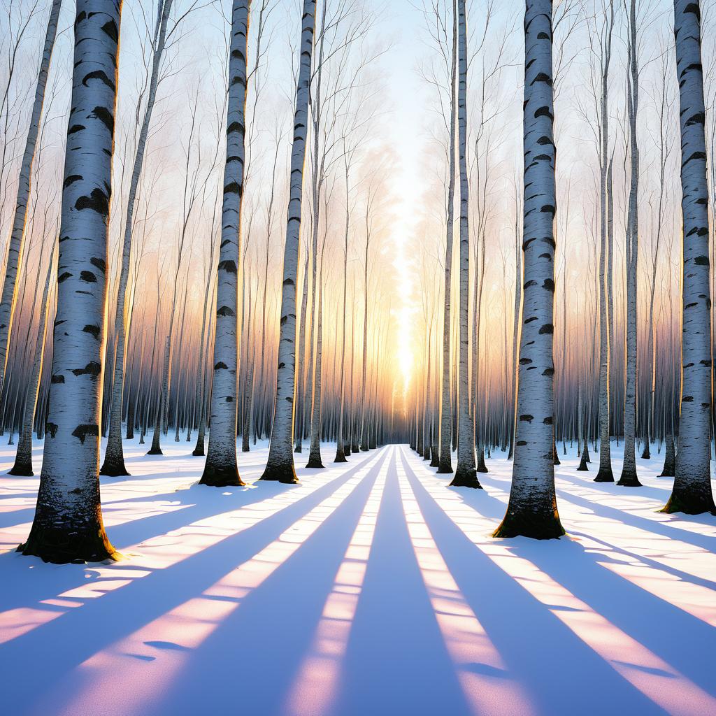 Sunlit Birch Glade with Soft Snowfall