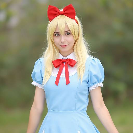 Photograph of a blonde woman in a light blue Alice in Wonderland-style dress with red bow and ribbon, standing outdoors against a blurred green background.