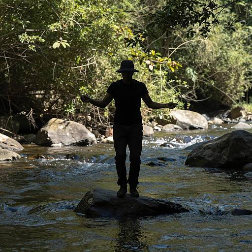 Silhouetted Person Jump Roping on Rock in River