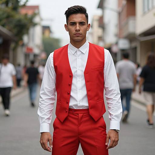 Photograph of a young, handsome man with short black hair, wearing a white shirt and bright red vest and pants, standing confidently on a bustling urban