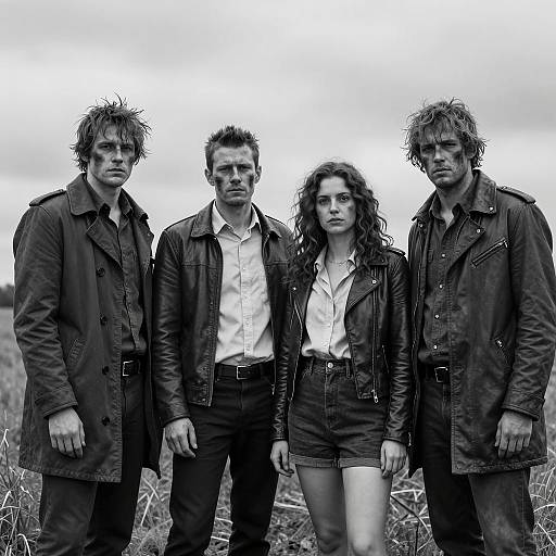 Black and white portrait of four intense young adults in leather jackets