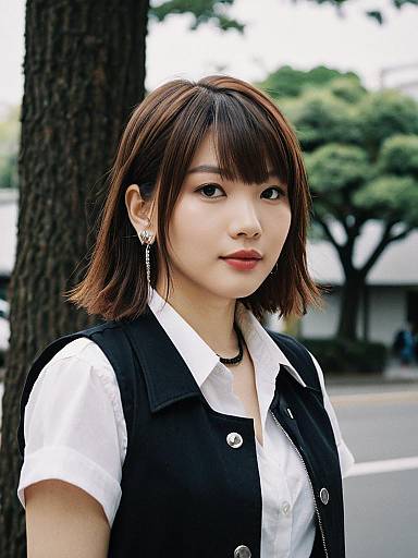 Photograph of an Asian woman with shoulder-length brown hair, wearing a black vest over a white shirt, standing outdoors by a tree.