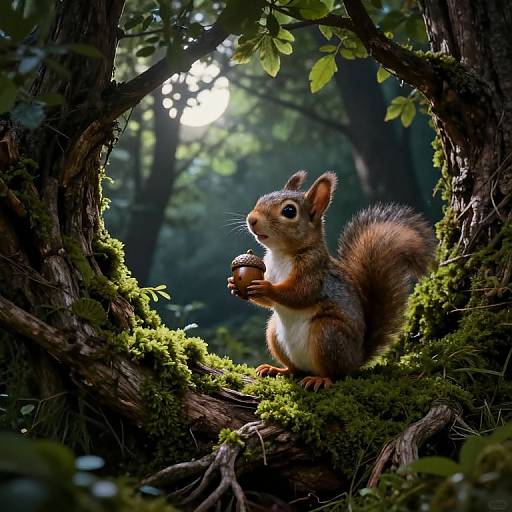 Photorealistic digital art of a cute, fluffy red squirrel with a bushy tail, holding a nut, perched on a moss-covered tree branch