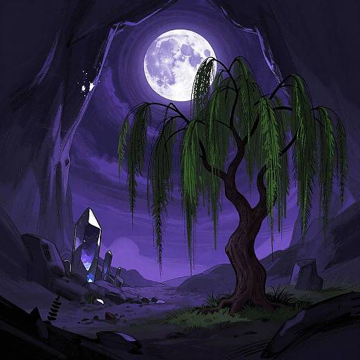 Digital painting of a dark, moonlit cave with a full moon, eerie glowing blue light, a twisted willow tree, and crumbling stone ruins in