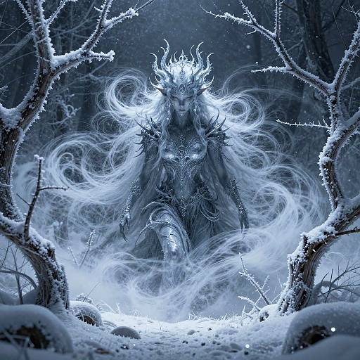 Mythical Ice Spirit in Frosted Landscape