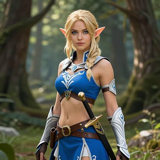 Digital artwork of a blonde, elf-eared woman in blue fantasy armor, standing in a forest. She has a braided ponytail, blue eyes
