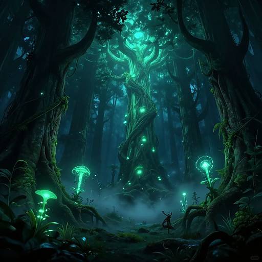 Digital fantasy artwork of a dark, glowing forest with bioluminescent trees, mushrooms, and a luminous, twisted tree at the center.