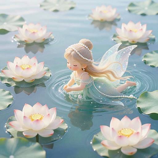 Digital illustration of a blonde fairy with translucent wings, pearl necklace, and green dress, floating on a serene pond surrounded by blooming white lotuses.