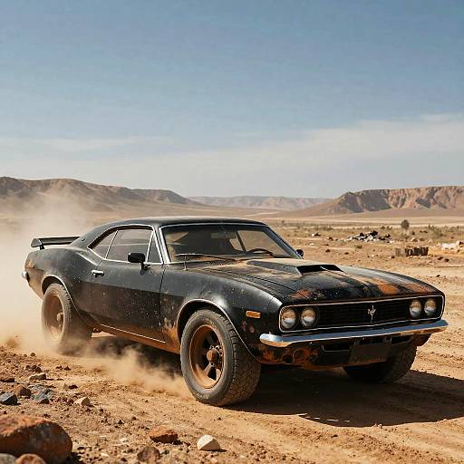 Photograph of a black, dusty, vintage muscle car with round headlights, driving through a rocky desert landscape with mountains in the background.