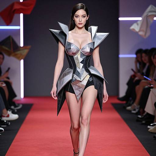 Photograph of a dark-haired model in a metallic, geometric, cut-out dress with sharp shoulders, walking on a red runway.