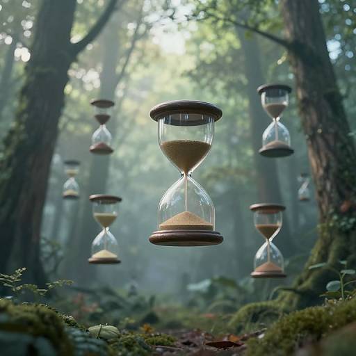 Surreal Floating Hourglasses in Forest