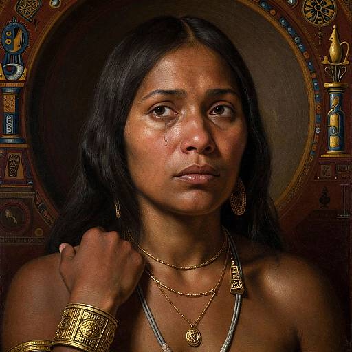 Digital portrait of a dark-skinned woman with black hair, wearing gold jewelry and a silver necklace, against an Egyptian-themed circular background.