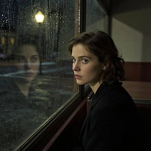 Photograph of a pensive young woman with curly brown hair, wearing a black shirt, gazing out a rain-streaked window at a glowing