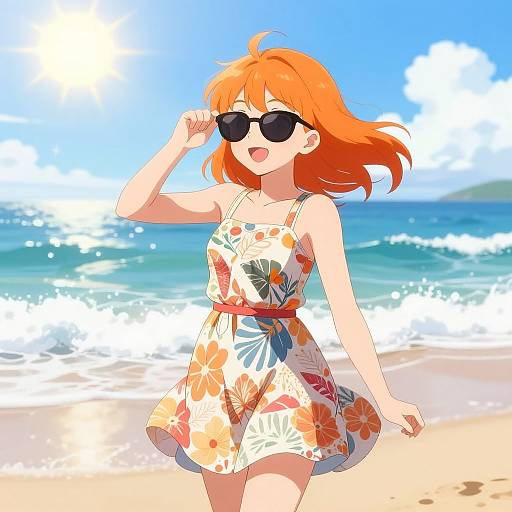 Anime-style digital illustration of a smiling red-haired girl in a floral sundress and black sunglasses, walking on a sunny beach with waves and a blue sky