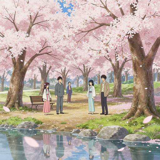 Anime-style digital illustration of five people under pink cherry blossoms, beside a reflective pond, with a bench and green grass.