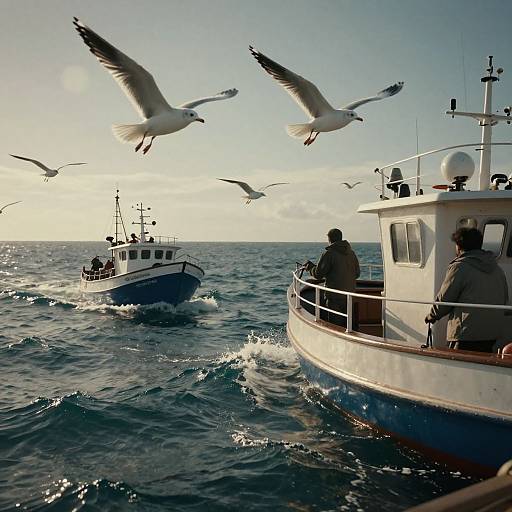 Photograph of two fishing boats on a blue ocean, with seagulls flying overhead, two men on the right boat, one on the left,