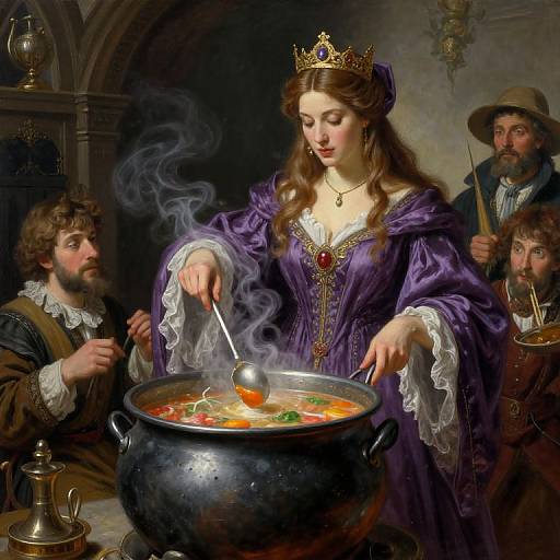 Baroque-style painting of a crowned queen in purple dress stirring a steaming cauldron with herbs, surrounded by bearded men in period attire.