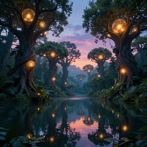 Fairy-tale forest at twilight, illuminated by glowing lanterns on enchanted trees, reflecting in a calm, mirrored pond, with a vibrant pink and
