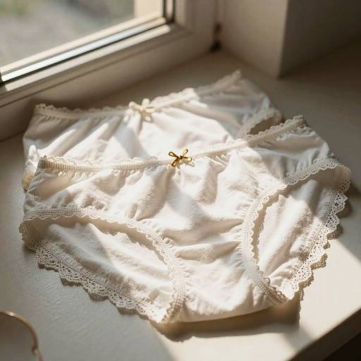 Photograph of a white, lace-trimmed baby dress with a small gold bow, illuminated by sunlight through a window.