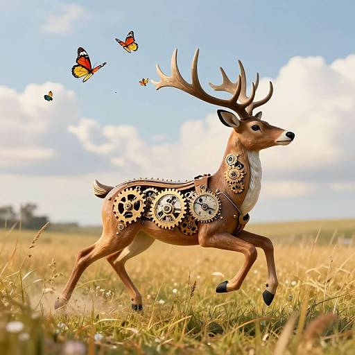 Digital illustration of a deer with gears on its body, running in a grassy field with colorful butterflies in a bright blue sky.