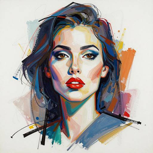 Vibrant digital portrait of a woman with dark hair, red lips, and intense gaze, using bold, colorful abstract brushstrokes.