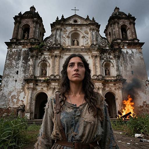 Photograph of a somber woman with long dark hair, wearing a tattered brown dress, standing in front of a dilapidated, fire-