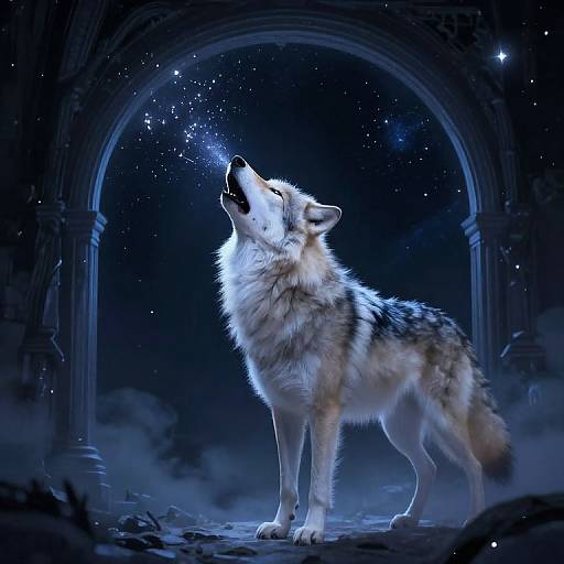 Digital artwork of a howling wolf with glowing fur, standing in a moonlit, ancient archway, surrounded by starry night sky and mist.