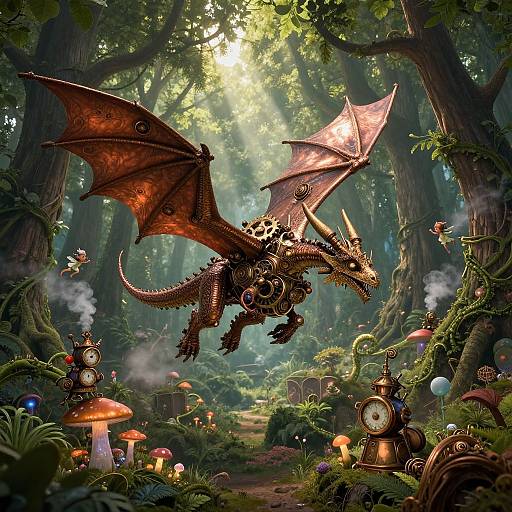 Fantasy forest scene: steam-powered dragon with red wings and mechanical details flies over enchanted forest filled with mushrooms, clockwork devices, and sunlight filtering through