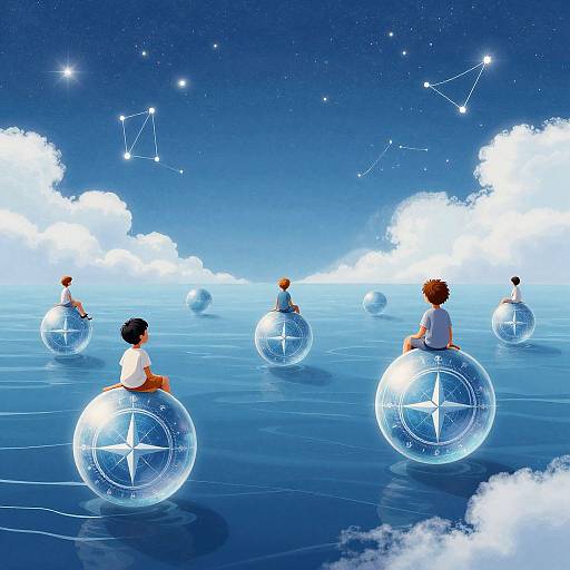 Children Sailing Floating Marbles Sky-Ocean
