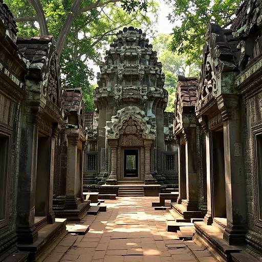 Photograph of a sunlit ancient temple courtyard with intricate dark stone carvings, shadowed pillars, and lush green trees overhead.
