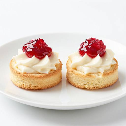 Photograph of two golden-brown scones topped with swirls of white cream and glossy red jam, on a white plate.
