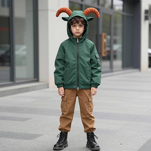 Boy in Green Hoodie with Orange Ram Horns