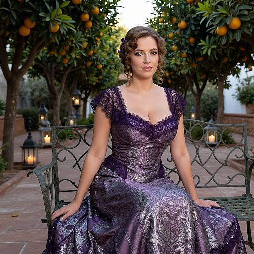 Photograph of a fair-skinned woman with curly brown hair, wearing a deep purple, lace-embellished, low-neck ball gown, sitting