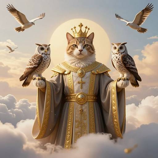Digital art of a regal cat wearing a golden crown and ornate robe, holding two owls, surrounded by flying birds and clouds, with a