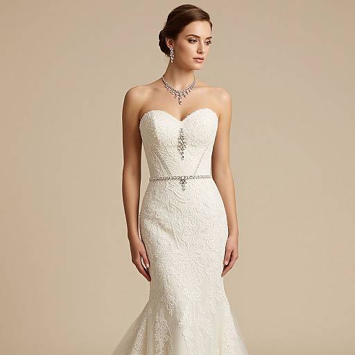 Photograph of a beautiful woman with fair skin and dark hair in an elegant, strapless, white lace mermaid wedding gown with a jeweled necklace