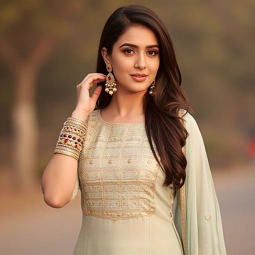 Photograph of a beautiful Indian woman with long dark hair, wearing a gold-embroidered cream saree, gold jewelry, and elegant earrings,