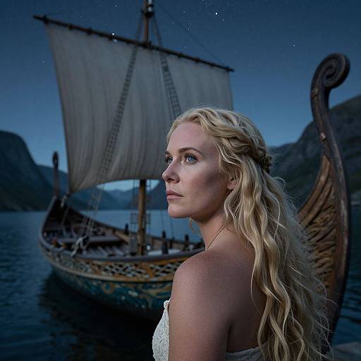 Photograph of a blonde woman with wavy hair, wearing a white strapless dress, standing beside a Viking ship at night.