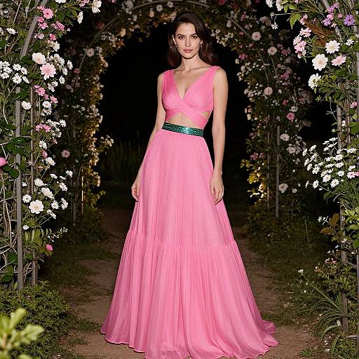 Photograph of a brunette woman in a pink, sleeveless, V-neck gown with a green belt, standing in a dark, flower-adorned
