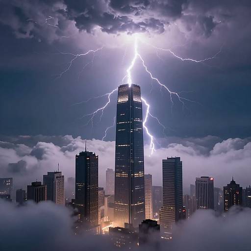 Photograph of a city skyline at night with a tall skyscraper struck by lightning, surrounded by dark clouds and illuminated buildings.