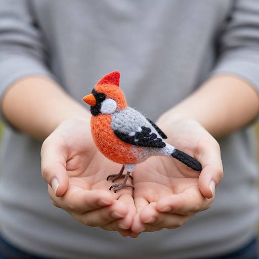 Photograph of a person's hands gently cupping a small, colorful, felted Northern Cardinal bird with bright red, black, and white feathers.