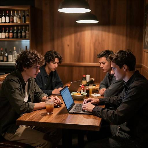 Men working on laptop in cozy restaurant booth