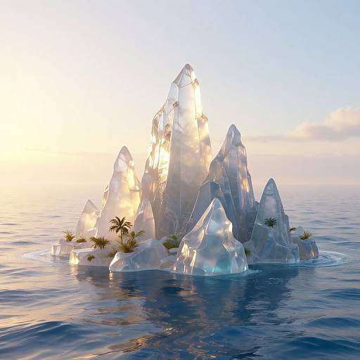 Photorealistic CGI of a glowing, translucent ice island with jagged peaks and small palm trees, surrounded by calm ocean at sunset.
