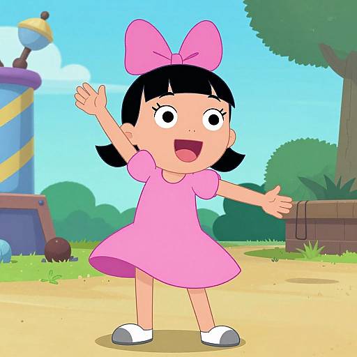 Cartoon-style drawing of a smiling, black-haired girl in a pink dress and bow, waving cheerfully on a sunny day in a colorful, outdoor