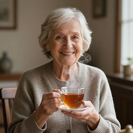 Photograph of an elderly woman with short white hair, smiling while holding a steaming cup of tea in a cozy, warmly lit room. She wears
