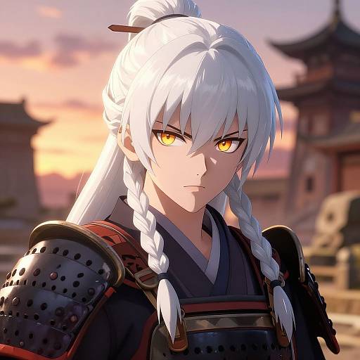 Digital anime-style portrait of a stern, white-haired samurai with yellow eyes, wearing black armor and braided hair, against a sunset sky and traditional