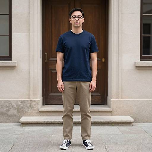 Photograph of a young Asian man with glasses, short black hair, wearing a black t-shirt, beige pants, and black sneakers, standing in front