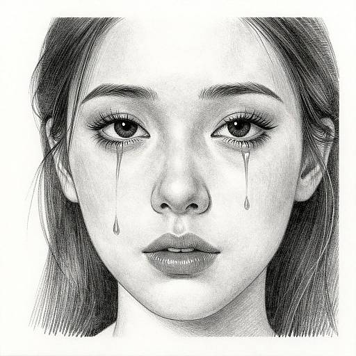Black-and-white pencil drawing of a tearful young woman with long hair, large eyes, and full lips, gazing directly at the viewer.